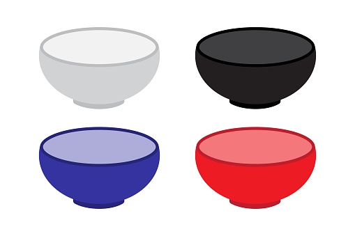 Set of colorful bowls. Kitchenware variety pack. White, black, blue, red bowls. Vector illustration. EPS 10. Stock image
