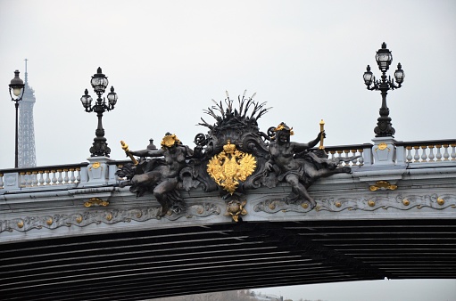 The famous Alexandre III Bridge at sunset in Paris, France