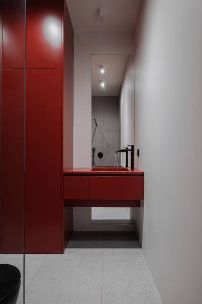 istock A bathroom featuring a red sink and black toilet fixture 2124666486