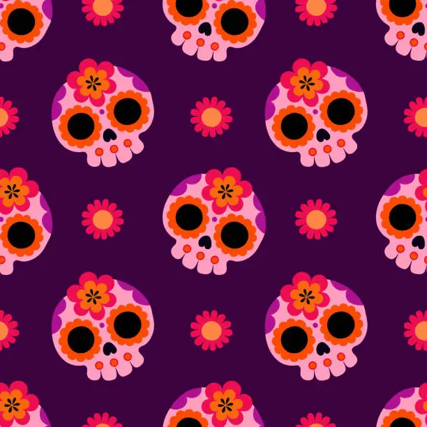 Vector illustration of Seamless pattern of skulls and flowers in Mexican style, background for design, textile, wrapping paper, scrapbooking, Cinco de Mayo