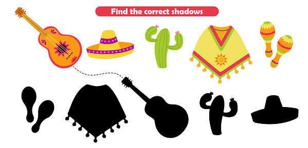 Cinco de Mayo, Mexican culture, find correct shadow game for children, poncho, cactus, sombrero, maracas. Puzzles for kids, vector illustration isolated on white background. Activities for children