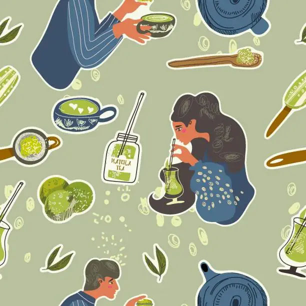 Vector illustration of Seamless pattern with green matcha food, drinks, leaves, teapot, tools, mugs, cups. Endless repeatable Japanese texture with healthy organic products, people hands. Color vector pattern for printing.