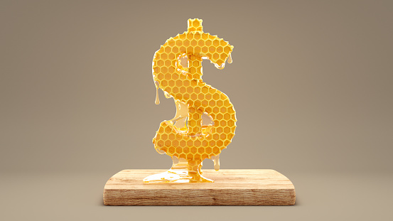 Honeycomb dollar sign with dripping honey, 3D render.