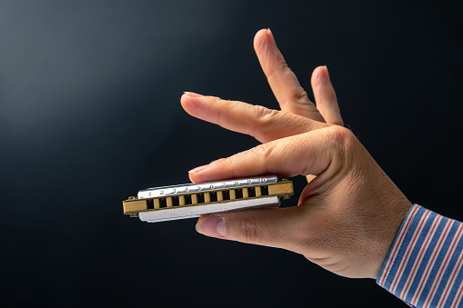 The right hand holds a harmonica on a dark background. Classical musical wind instrument