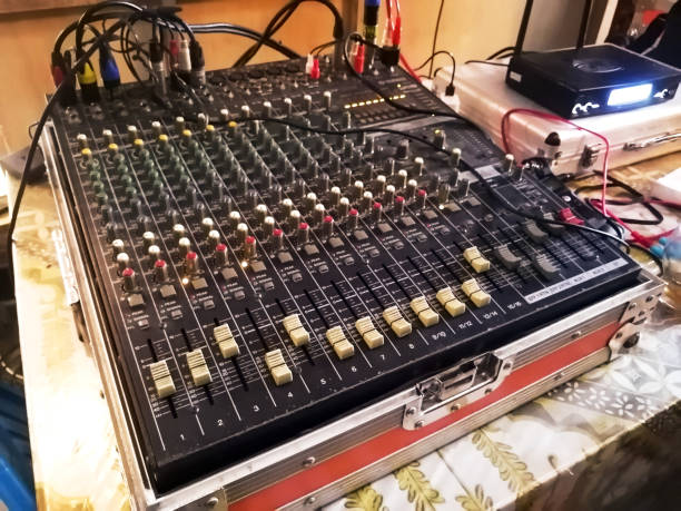 Sound and audio mixer control panel with buttons and sliders. Mixer control. Music engineer.