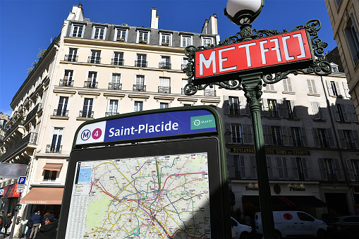 Paris, France-03 28 2024: Sign of the ''Saint-Placide\