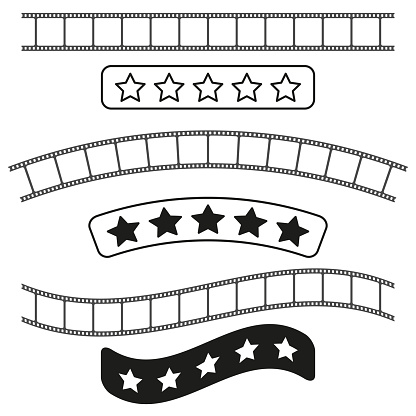 Cinematic film strip with stars rating. Movie review concept. Vector illustration. EPS 10. Stock image.