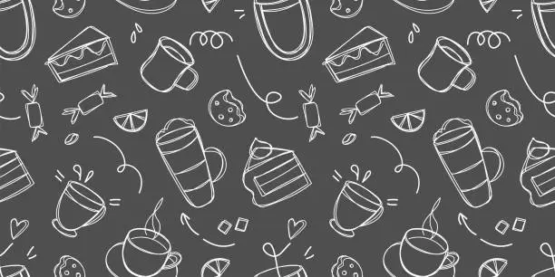 Vector illustration of Coffee cups drawn with chalk on a black board. Doodle coffee and desserts seamless pattern. Sketch of different cups of coffee doodle vector illustration. Background for cafe shop, card, banner etc.