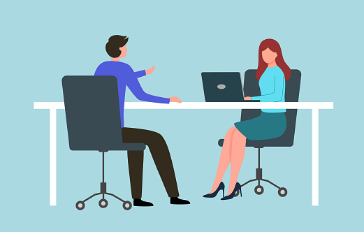 Job interview vector illustration concept. Woman talking to a man with a laptop.