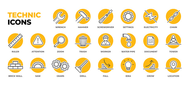 Line art icons on yellow circle. Wrench and hammer, electricity and gears, drill and waterpipe