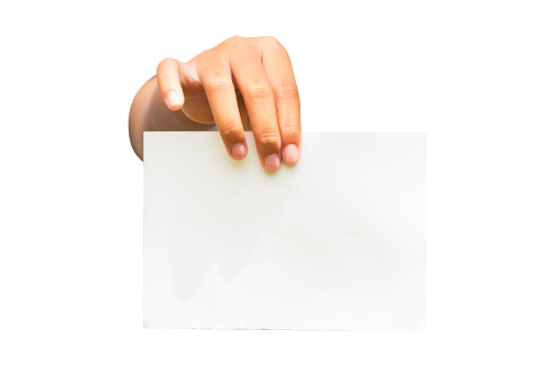 Hand holding paper isolated on white background, clipping path