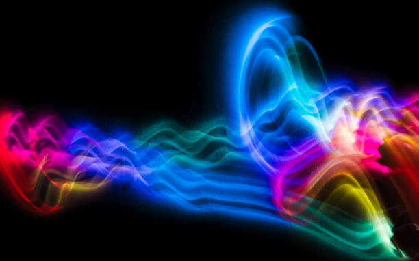 istock Abstract colorful irregular lines on black background and wall texture. Long exposure. Light painting photography. 2124911696