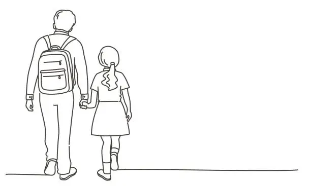 Vector illustration of A man and a girl are walking together, with the girl holding the man's hand