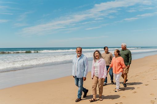 Senior friends walking and talking on the beach