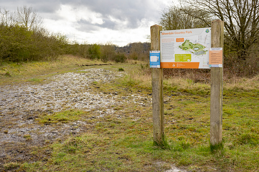 Newcastle-under-Lyme, Staffordshire-united kingdom march, 28, 2024, Silverdale country park sign, reclaimed land from open cast mining now a visitor centre and wildlife haven