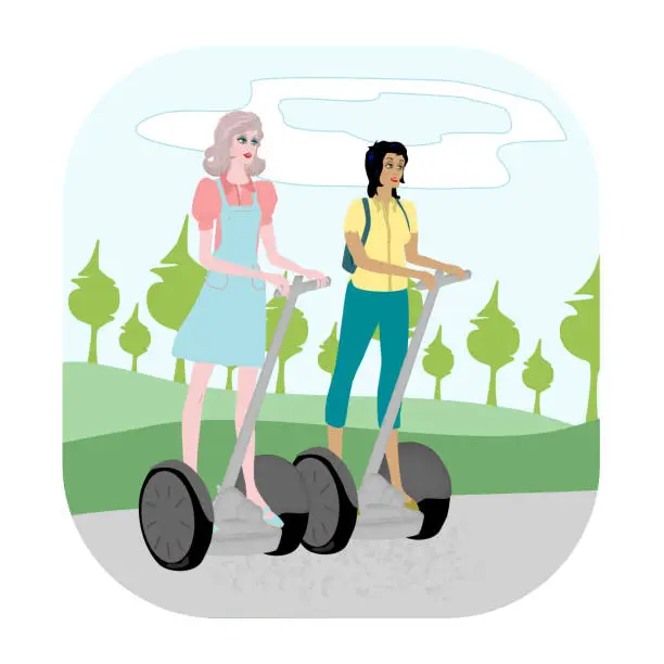 Vector illustration of Girls outside on Segway