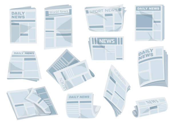 ilustraciones, imágenes clip art, dibujos animados e iconos de stock de folded newspapers set - newspaper reportage stack journalist