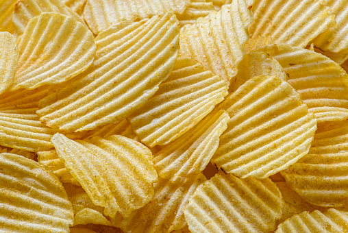 Crispy Potato Chips snack as background texture background. Empty space for text.