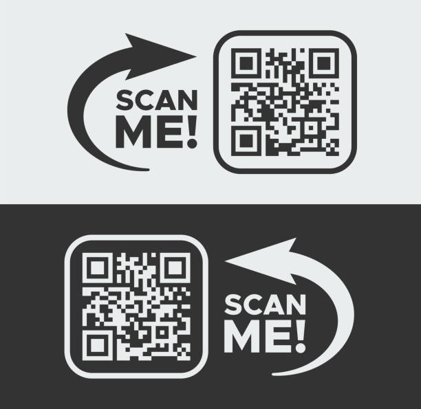 QR code SCAN ME for smartphone mockup with arrow QR code SCAN ME for smartphone design vector mockup with arrow bar-code-reader stock illustrations