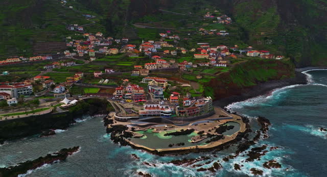 Aerial view of Porto Moniz town in Madeira island in atlantic ocean, Portugal