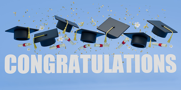 3d illustration of word graduation with graduate caps on blue background. Caps thrown up. Graduates 2024 class of graduations. 3d render of greeting, banner, invitation card