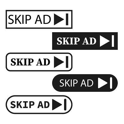 Skip ad button set. Online video advertising icons. Media player interface. Vector illustration. EPS 10. Stock image