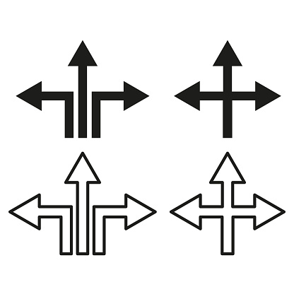 Multi-directional arrow icons. Crossroad sign symbols. Decision making and direction options. Vector illustration. EPS 10. Stock image