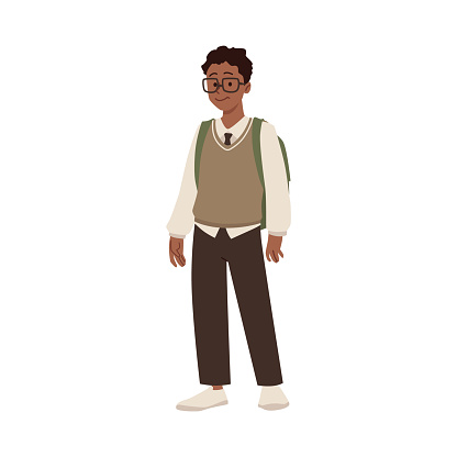 High school boy with backpack and glasses vector illustration. Cartoon teenager wearing school uniform vest, shirt and tie. Happy student, college afro male friend isolated on white background