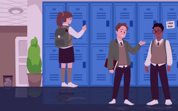 ロッカーの近くの学校の高校生、制服のベクトル漫画のティーンエイジャー幸せな多国籍学生 - locker high school student student backpack点のイラスト素材／クリップアート素材／マンガ素材／アイコン素材