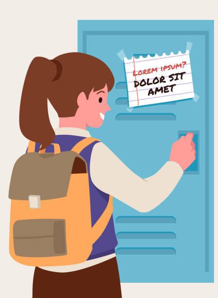 Illustration of a girl in a high school uniform who opens a locker with a note glued to it. A vector poster with an empty space for text and a scene from an educational institution: a girl in a high school uniform who opens a locker with a note taped to it. locker high school student student backpack stock illustrations