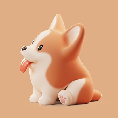 Cute funny kawaii fluffy cartoon orange corgi puppy with dot eyes, smiling face and red tongue sticking out of mouth in sitting playful pose. Lovely pet in minimal style. 3d render in pastel colors.