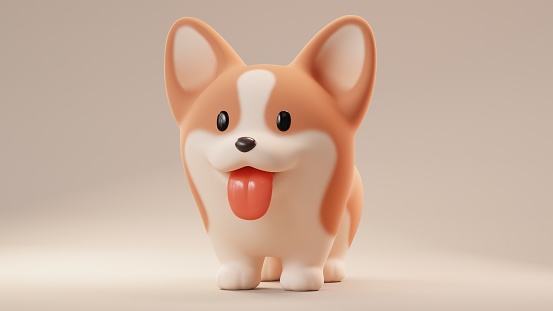 Simple fat cute funny kawaii fluffy cartoon orange corgi puppy with dot eyes, red tongue sticking out of mouth in standing playful pose. Lovely adorable pet in minimal style. 3d render pastel colors.