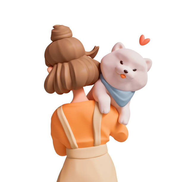 Rear view portrait of brunette girl in beige pants, orange t-shirt holds large kawaii fluffy playful puppy lies on her shoulder with red tongue sticking out of mouth. 3d render isolated white backdrop