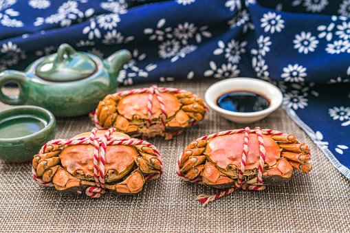 A few steamed hairy crabs for Chinese Double Ninth Festival delicacies