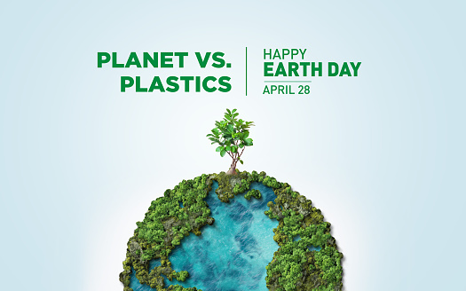 Planet vs. Plastics , Earth day 2024 concept 3d tree background. Ecology concept. Design with globe map drawing and leaves isolated on white background.