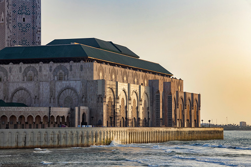 View of the Hassan II Mosque is a mosque in Casablanca. It is largest mosque in Morocco and the one of the largest in the world. Atlantic ocean coast.