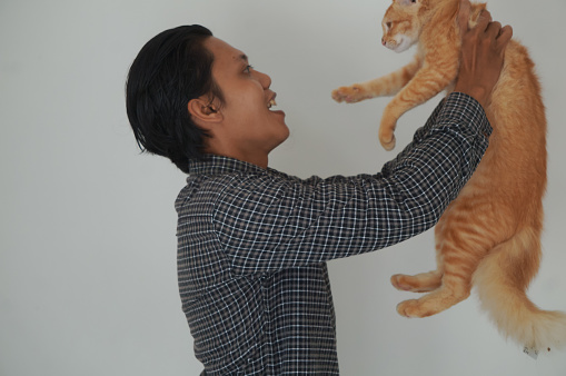 Asian young man in black shirt smiling happy and cheerful holding orange cat on white background