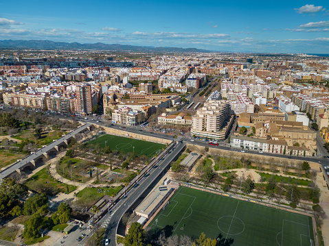 Aerial view of European city Valencia, Spain. Beautiful skyline of Valencia. Panoramic view of all city. Famous travel destination visited annually by many foreign tourists. Rooftop of Valencia.