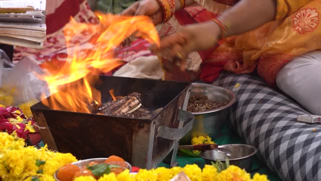 Closeup of Hawan kund, Indian Spiritual tradition to Worship god in Hinduism. Indian culture, Hindu Wedding rituals background