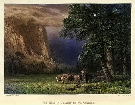 Vintage illustration, Explorers, The Halt in a valley, South America, Landscape art, after a painting by Albert Bierstadt 19th Century