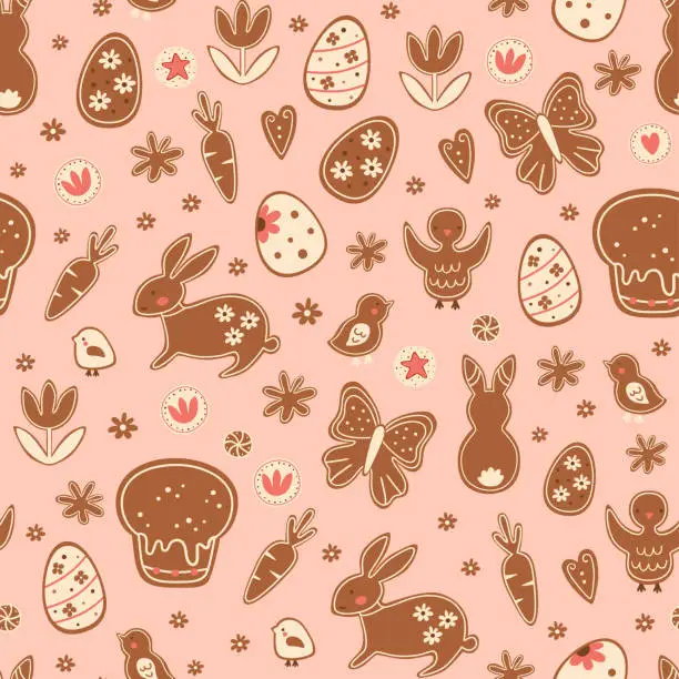 Vector illustration of Easter bakery seamless pattern with tasty gingerbread cookies, bunny, chicken, Easter cake, eggs on pink