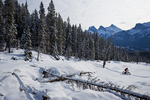 A man goes for a winter fatbike ride in the  Rocky Mountains of Canada. Fatbikes are mountain bikes with oversized wheels and tires for riding on the snow. The Three Sisters mountain peaks are visible in the background.