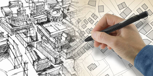 istock Engineer drawing over an imaginary cadastral map with buildings, land parcel and vacant plot - Land records and property registry with cadastre documentation and ownership parcel identification 2125143825