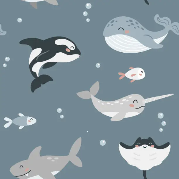Vector illustration of Seamless pattern with cute cartoon sea animal on dark blue background. Killer whale, narwhal, shark, stingray. Design for printing, textile, fabric.