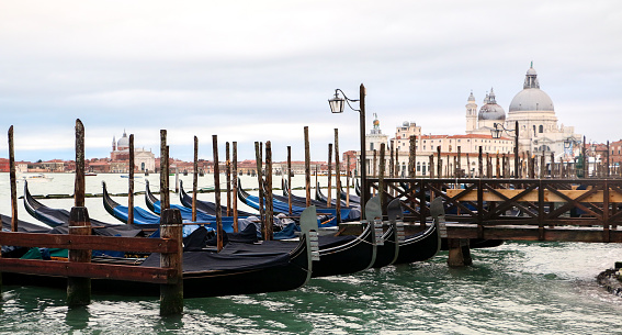Traditional Venetian gondolas docked at the San Marco basin with the iconic Basilica Santa Maria della Salute blurred in the background - Venice, Italy