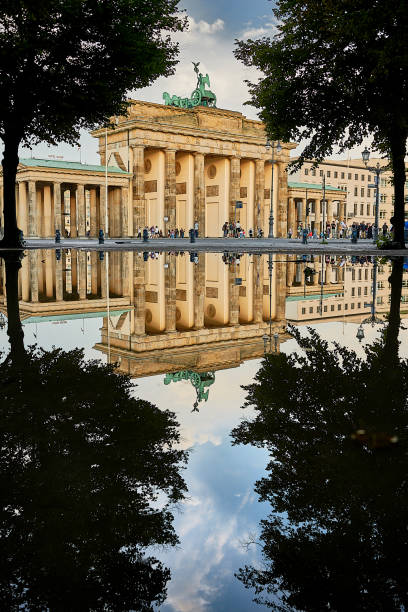 Famous Brandenburger Tor mirroring in a puddle