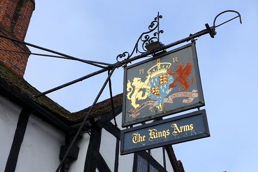Amersham, Buckinghamshire, England, UK - March 30th 2024: Sign for the The Kings Arms Hotel, an inn dating from the 15th Century in Old Amersham