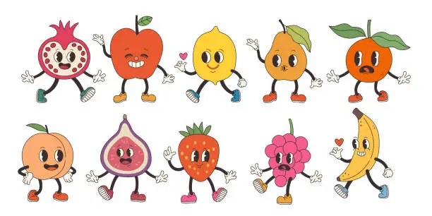 Vector illustration of Groovy fruits set. Hand draw Funny Retro vintage trendy style fruits cartoon character illustration. Doodle Comic collection. Vector illustration