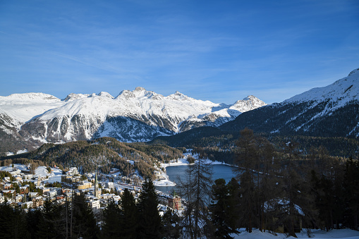 St. Moritz, Switzerland - December 15, 2019: Scenic view on famous St. Moritz in Engadin valley in Switzerland during December 2019