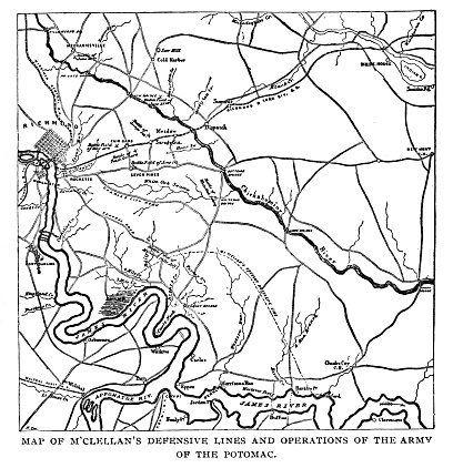 Map of George McClellan's defensive lines and operations of Army of the Potomac, Virginia. Illustration engraving published 1895. Original edition is from my own archives. Copyright has expired and is in Public Domain.